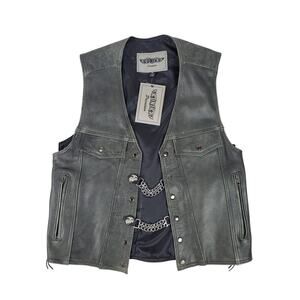 Unik Premium Distressed Grey Leather Motorcycle Vest w Front Chain Men's Sz M